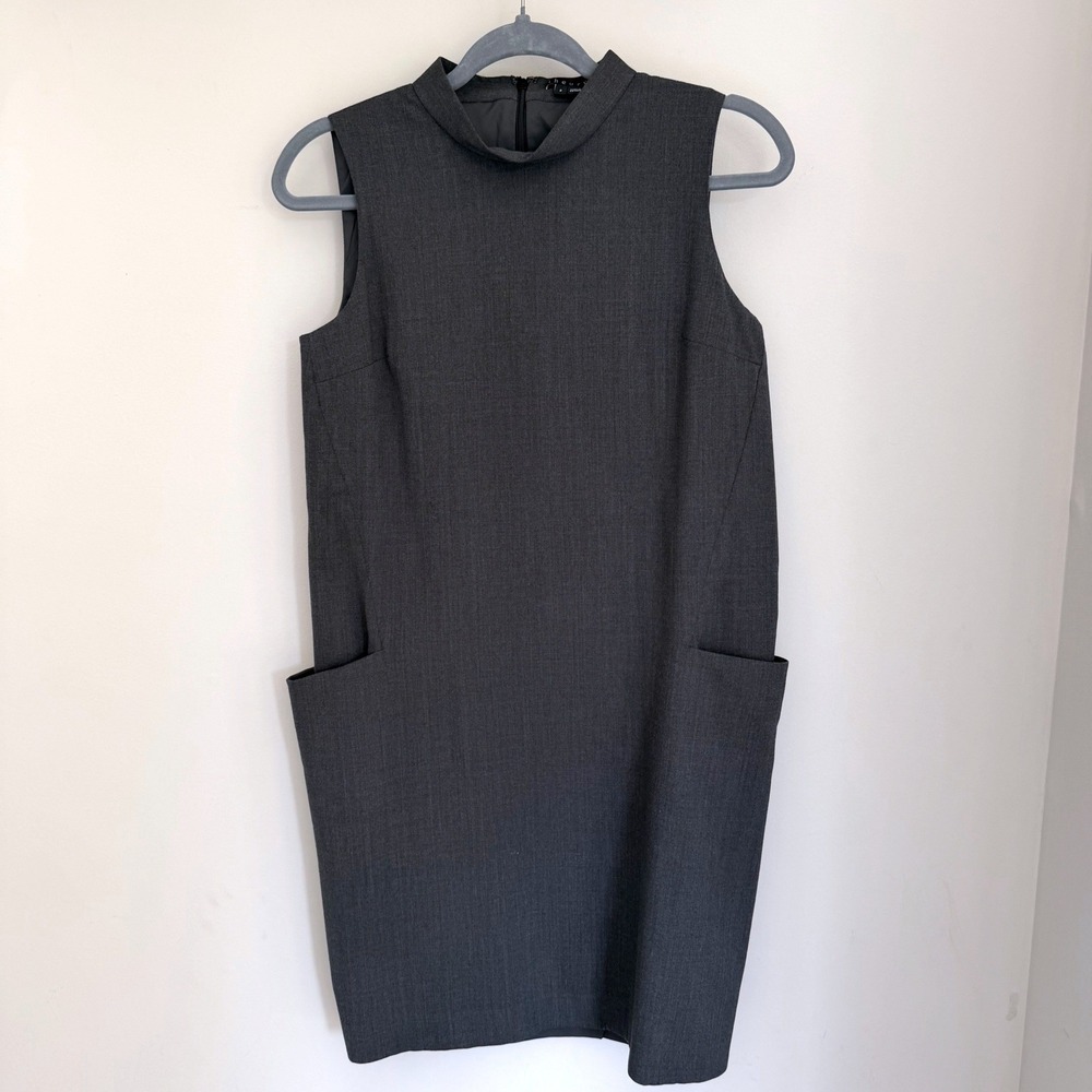 Theory Shift Dress Charcoal Gray Sleeveless Stretch Wool Funnel Neck Pockets 2